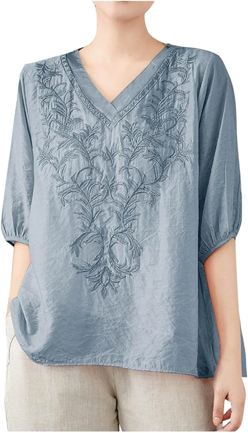 Lmdudan 2025 Summer Embroidered Tops for Women Cotton Linen Tees Half Sleeve V Neck Blouses Breathable Soft Comfy Shirts