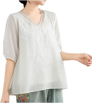 Lmdudan 2025 Summer Embroidered Tops for Women Cotton Linen Tees Half Sleeve V Neck Blouses Breathable Soft Comfy Shirts