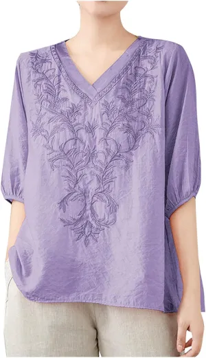 Lmdudan 2025 Summer Embroidered Tops for Women Cotton Linen Tees Half Sleeve V Neck Blouses Breathable Soft Comfy Shirts