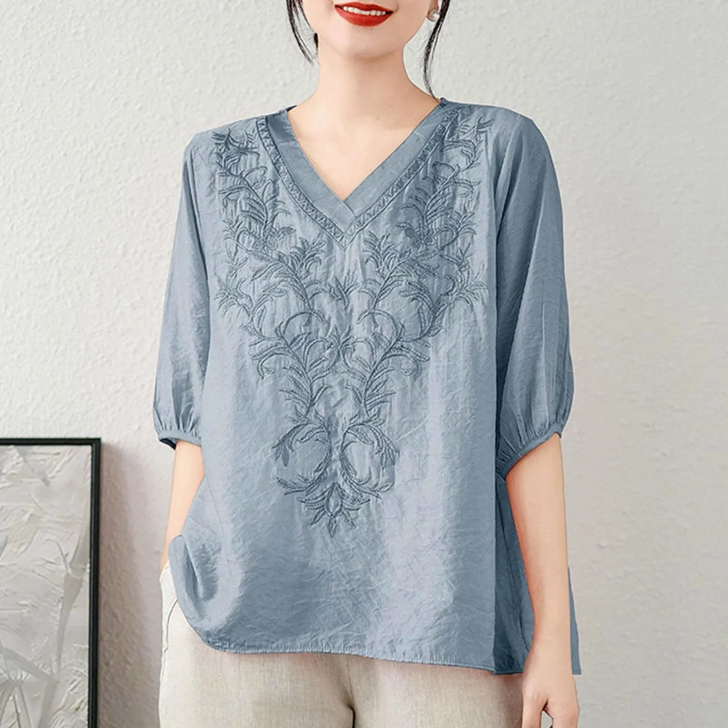 Lmdudan 2025 Summer Embroidered Tops for Women Cotton Linen Tees Half Sleeve V Neck Blouses Breathable Soft Comfy Shirts