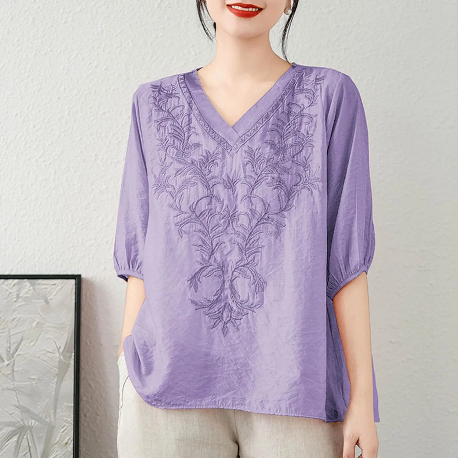 Lmdudan 2025 Summer Embroidered Tops for Women Cotton Linen Tees Half Sleeve V Neck Blouses Breathable Soft Comfy Shirts