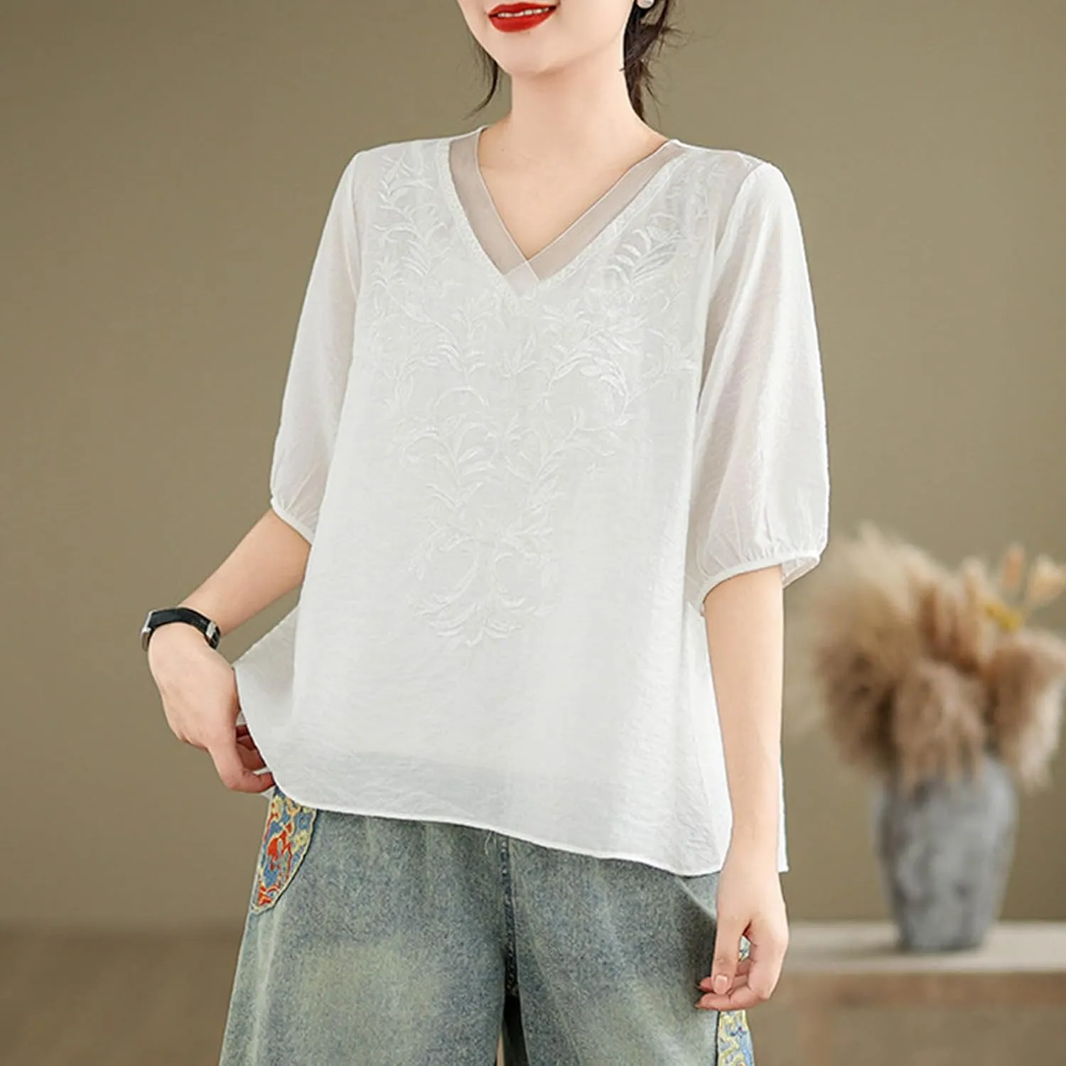 Lmdudan 2025 Summer Embroidered Tops for Women Cotton Linen Tees Half Sleeve V Neck Blouses Breathable Soft Comfy Shirts