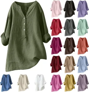 Long Sleeve Shirts for Women Cotton Linen Oversized Shirt Button up V Neck Blouse Spring and Summer Casual Tops 2025