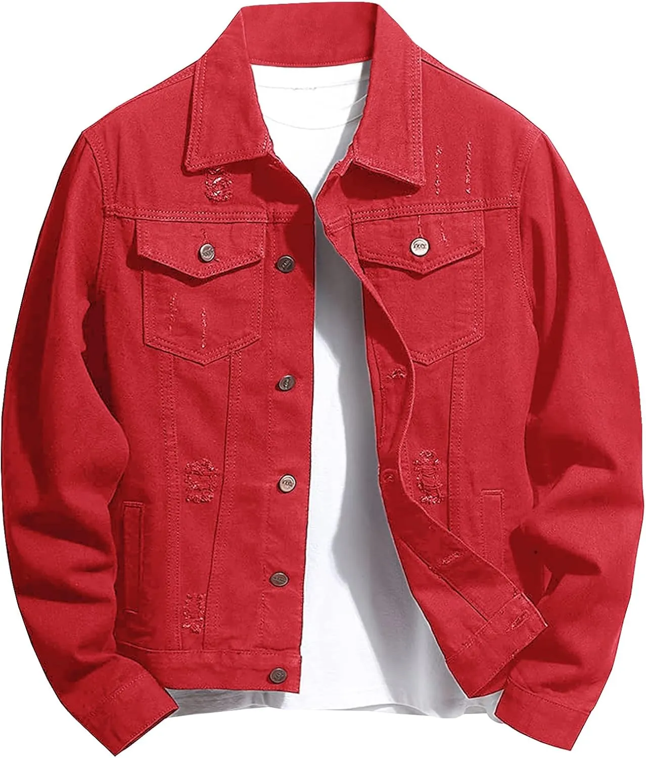 LONGBIDA Men's Jean Jacket Ripped Distressed Denim Trucker Coat with Holes