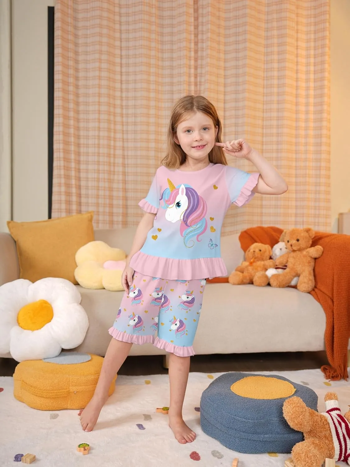 LQSZ Girls Pajamas Set Summer Toddler Princess PJs Short Sleeves Sleepwear for Little Kids 3-10 Years