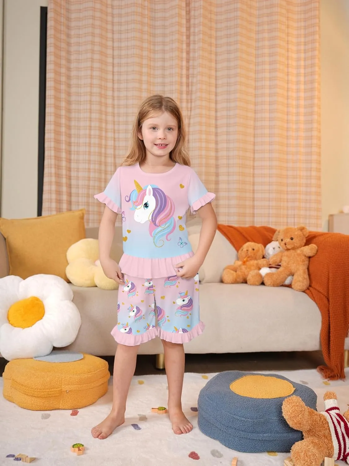 LQSZ Girls Pajamas Set Summer Toddler Princess PJs Short Sleeves Sleepwear for Little Kids 3-10 Years