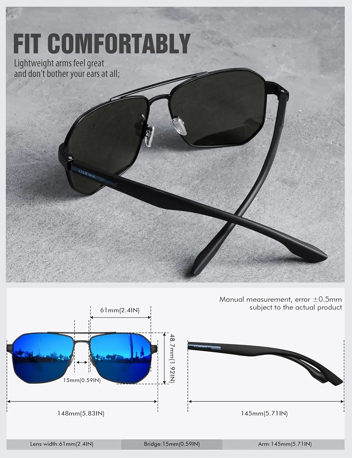 LUENX Aviator Sunglasses for Men Square Polarized Polygon Lens - UV 400 Protection with Accessories 61MM Driving Outdoor