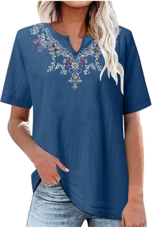 maisdgop Embroidered Tops for Women Casual V-Neck Cotton Linen Shirt Trendy Summer Short Sleeve T-Shirt Pretty Solid Blouse