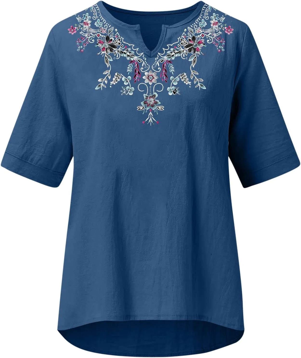 maisdgop Embroidered Tops for Women Casual V-Neck Cotton Linen Shirt Trendy Summer Short Sleeve T-Shirt Pretty Solid Blouse