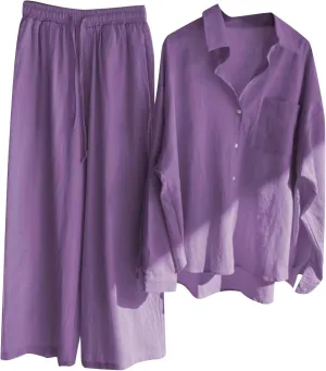 maisdgop Summer 2 Piece Sets for Women Casual Comfy Cotton Linen Suits Loose Long Sleeve Lapel Shirts and Pants Outfits