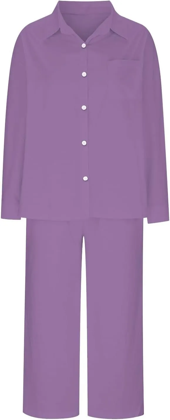 maisdgop Summer 2 Piece Sets for Women Casual Comfy Cotton Linen Suits Loose Long Sleeve Lapel Shirts and Pants Outfits