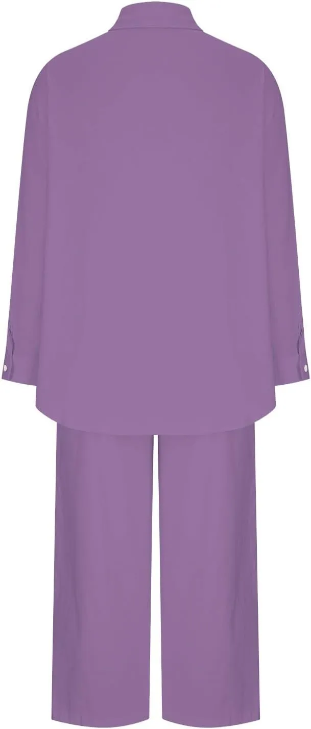 maisdgop Summer 2 Piece Sets for Women Casual Comfy Cotton Linen Suits Loose Long Sleeve Lapel Shirts and Pants Outfits