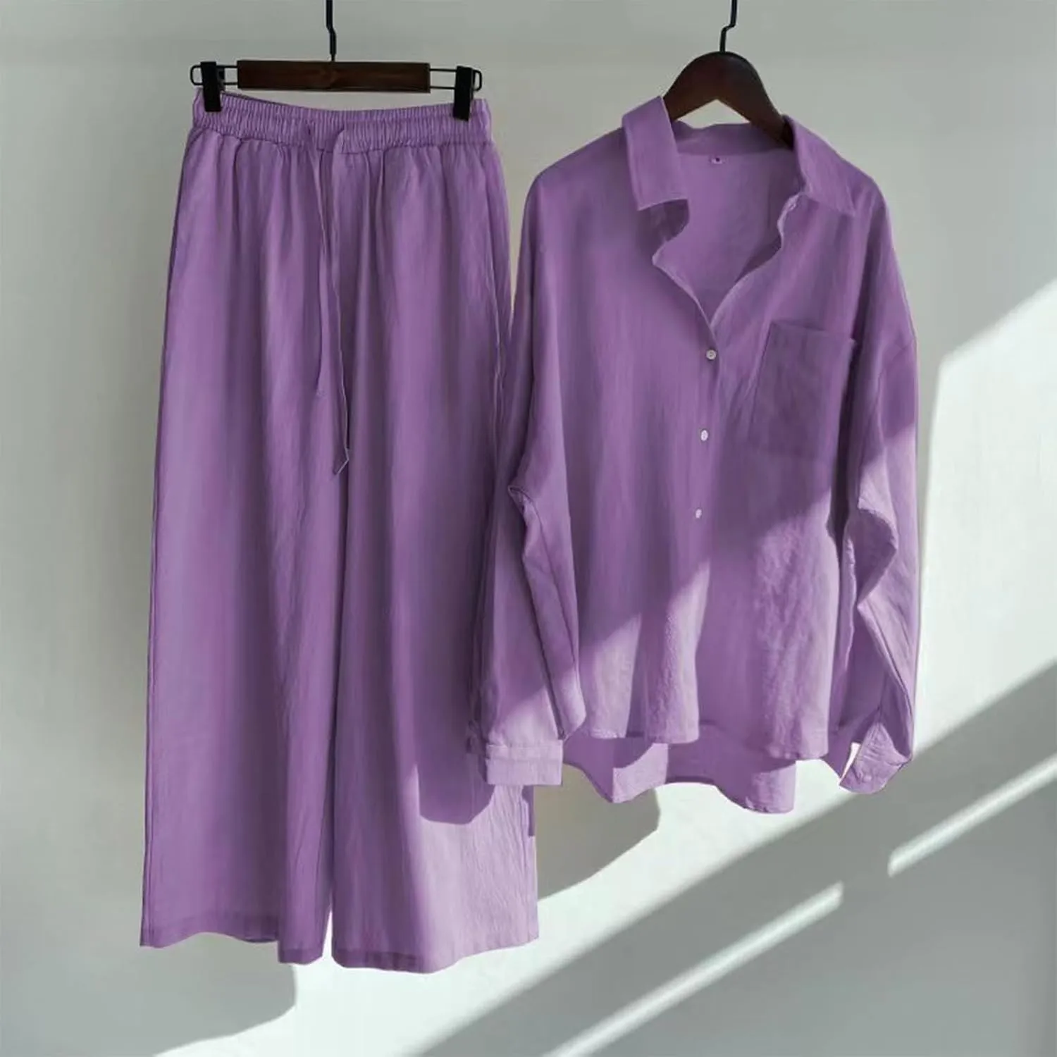 maisdgop Summer 2 Piece Sets for Women Casual Comfy Cotton Linen Suits Loose Long Sleeve Lapel Shirts and Pants Outfits