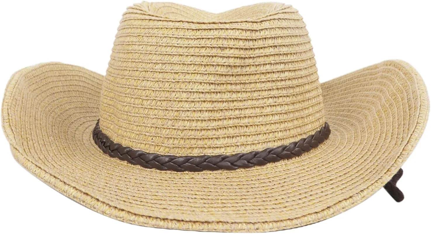 Men Cowboy Hat Wide Brim Sun Protection Knitted Straw Hat with Adjustable Chin Strap Summer Beach Costume Accessories