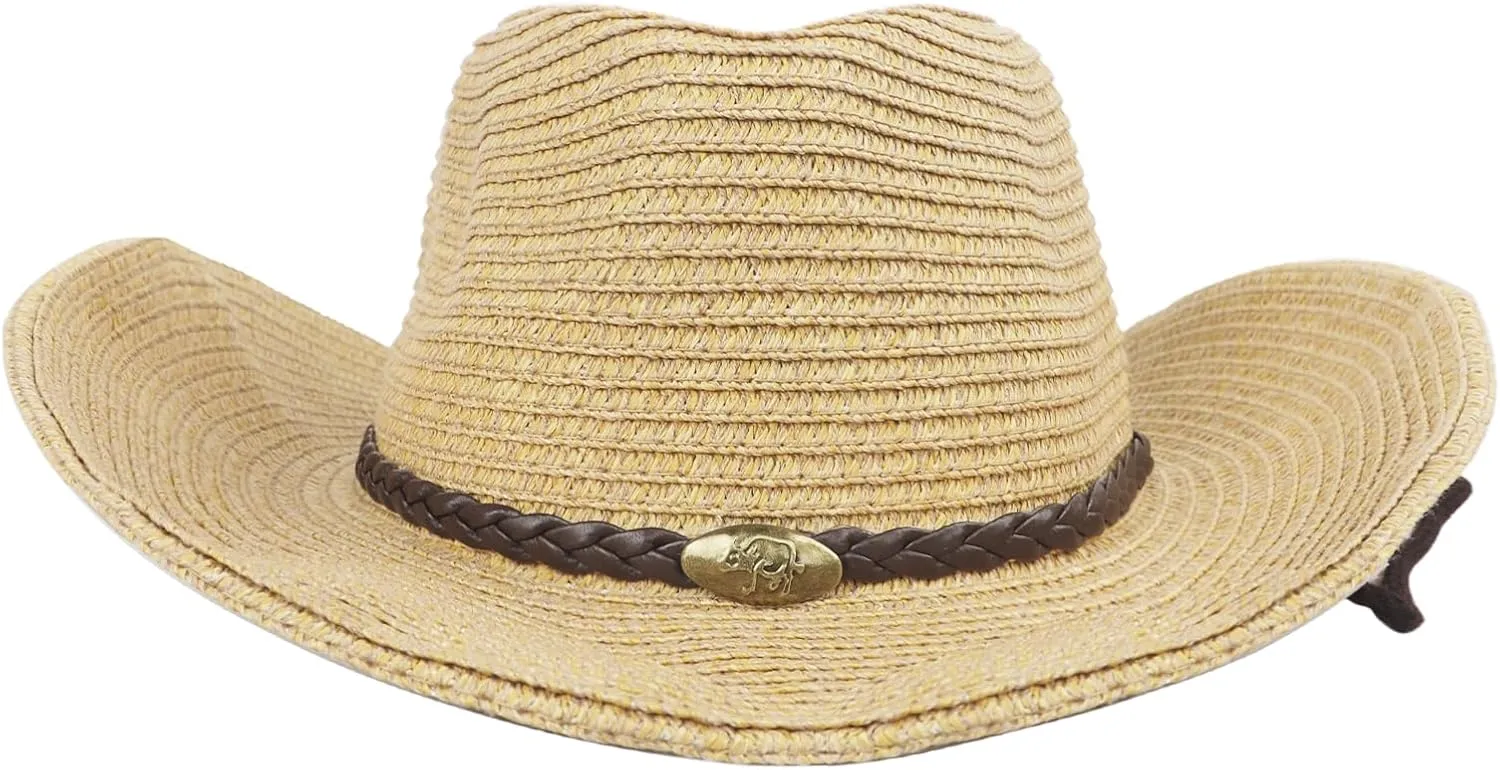 Men Cowboy Hat Wide Brim Sun Protection Knitted Straw Hat with Adjustable Chin Strap Summer Beach Costume Accessories
