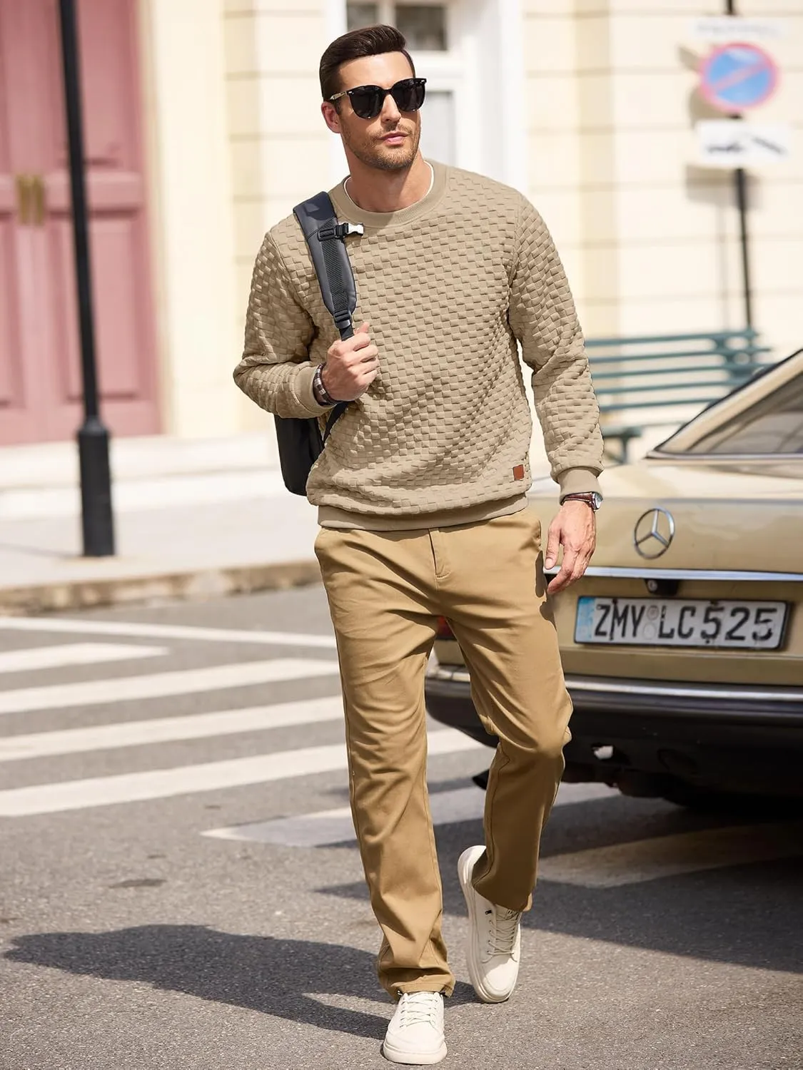 Men's Crewneck Sweatshirts Solid Color Checkered 3D Texture Long Sleeve Casual Basics Pullover Shirt