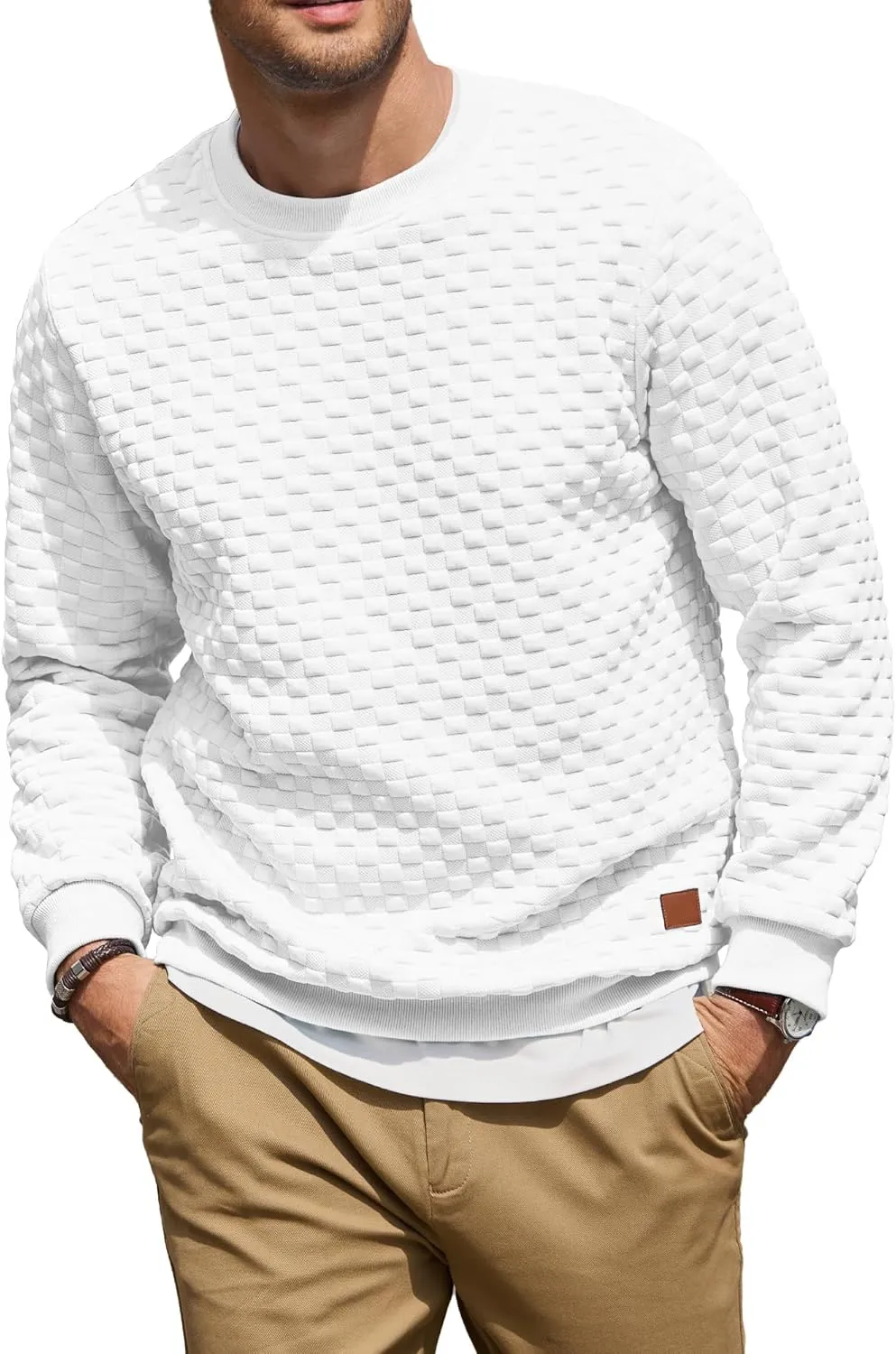 Men's Crewneck Sweatshirts Solid Color Checkered 3D Texture Long Sleeve Casual Basics Pullover Shirt