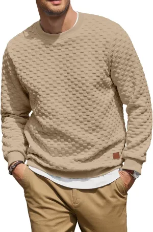 Men's Crewneck Sweatshirts Solid Color Checkered 3D Texture Long Sleeve Casual Basics Pullover Shirt