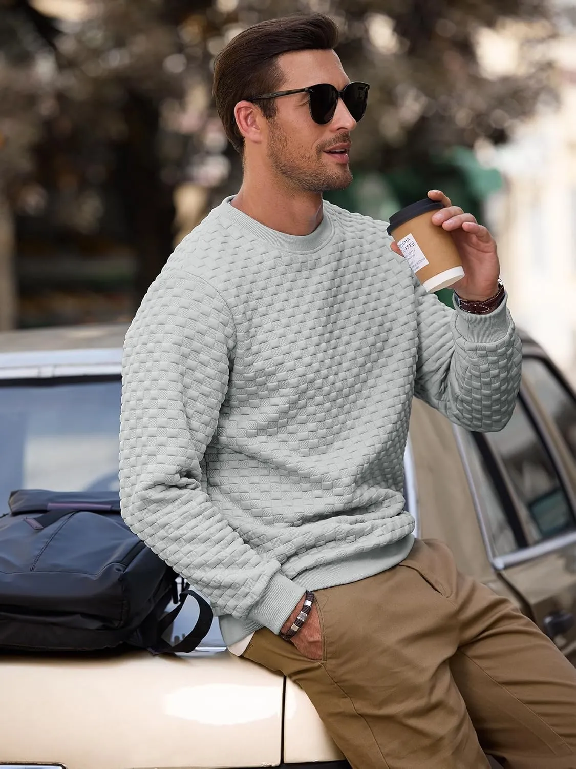 Men's Crewneck Sweatshirts Solid Color Checkered 3D Texture Long Sleeve Casual Basics Pullover Shirt