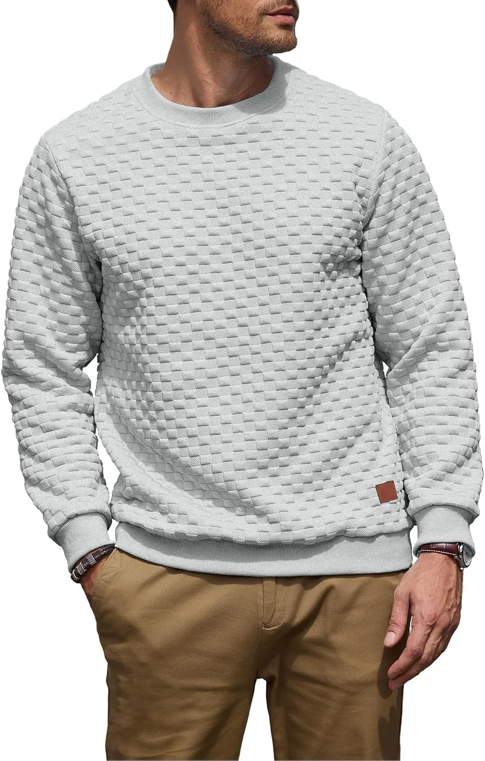 Men's Crewneck Sweatshirts Solid Color Checkered 3D Texture Long Sleeve Casual Basics Pullover Shirt