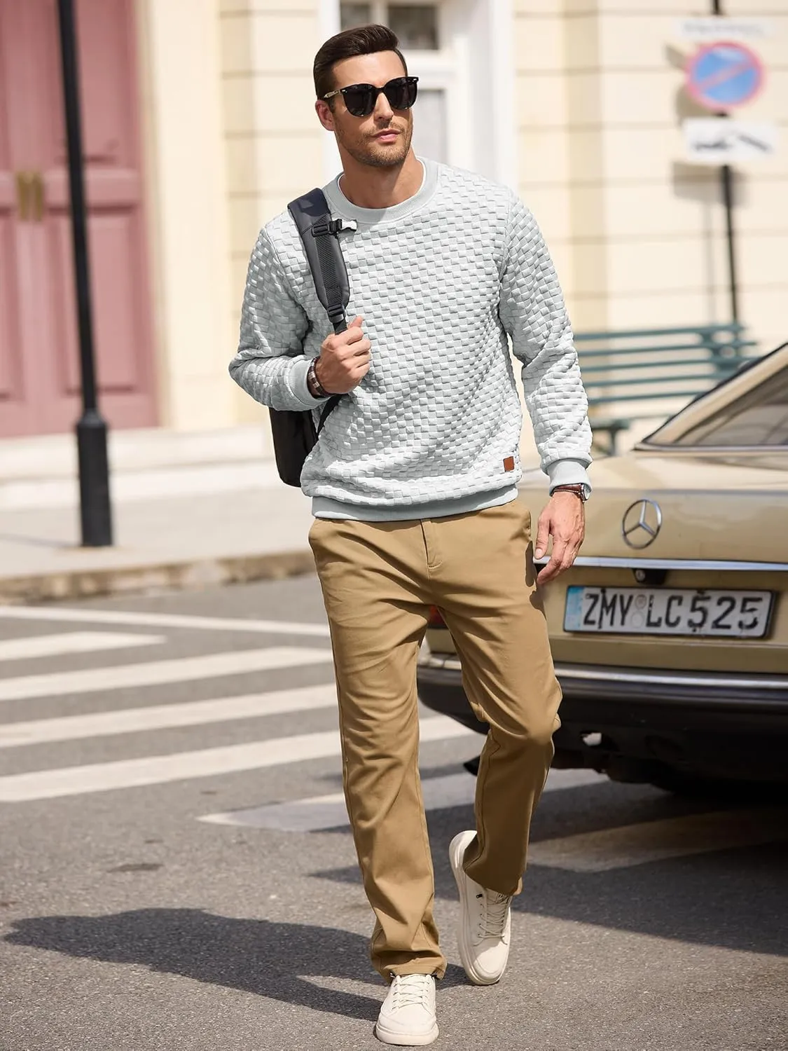 Men's Crewneck Sweatshirts Solid Color Checkered 3D Texture Long Sleeve Casual Basics Pullover Shirt