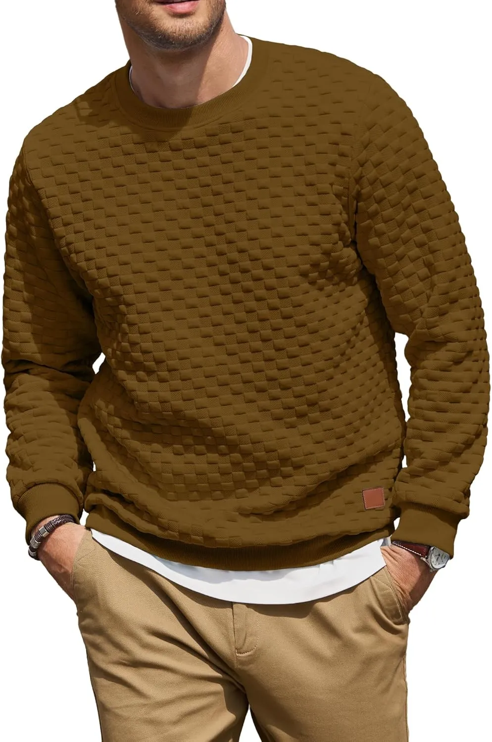 Men's Crewneck Sweatshirts Solid Color Checkered 3D Texture Long Sleeve Casual Basics Pullover Shirt