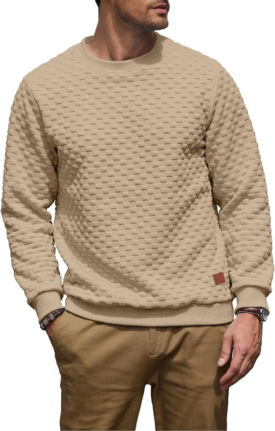 Men's Crewneck Sweatshirts Solid Color Checkered 3D Texture Long Sleeve Casual Basics Pullover Shirt