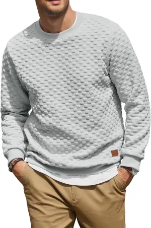 Men's Crewneck Sweatshirts Solid Color Checkered 3D Texture Long Sleeve Casual Basics Pullover Shirt