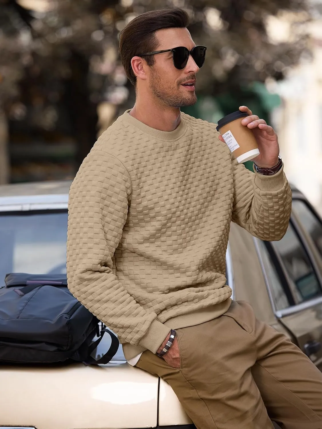 Men's Crewneck Sweatshirts Solid Color Checkered 3D Texture Long Sleeve Casual Basics Pullover Shirt