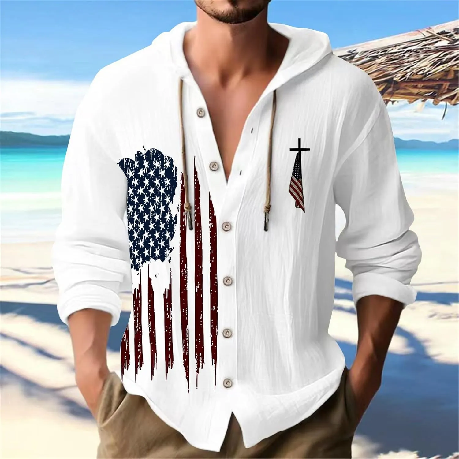 Mens Long Sleeve Shirts Independence Day Drawstring Linen Hooded Sweatshirt Casual Button Down Cotton Tops with Hood