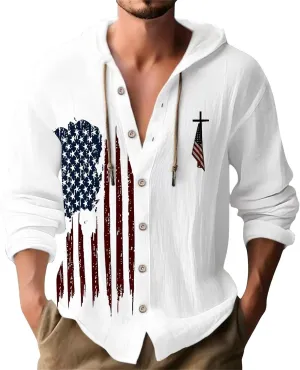 Mens Long Sleeve Shirts Independence Day Drawstring Linen Hooded Sweatshirt Casual Button Down Cotton Tops with Hood