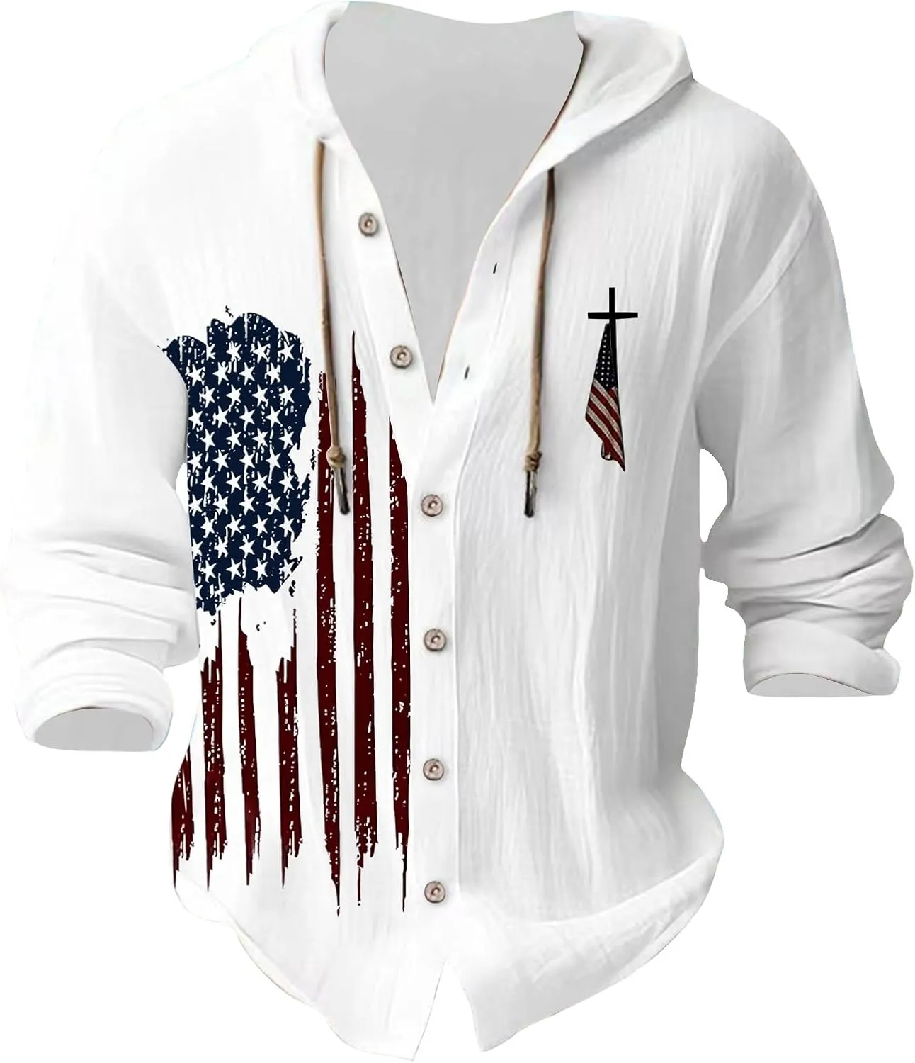 Mens Long Sleeve Shirts Independence Day Drawstring Linen Hooded Sweatshirt Casual Button Down Cotton Tops with Hood