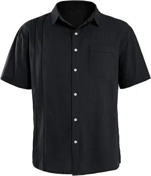 Men's Short-Sleeved Casual Shirt Top Linen Beach Pocket Button Down Shirts Linen Summer Lapel Solid Shirt