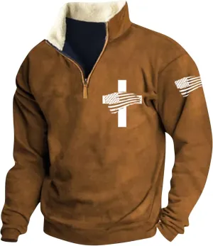 Men'S USA Flag Sweatshirt Vintage American Fleece Graphic Sweatshirt Elbow Patches Quarter Zip Pullover Sweaters