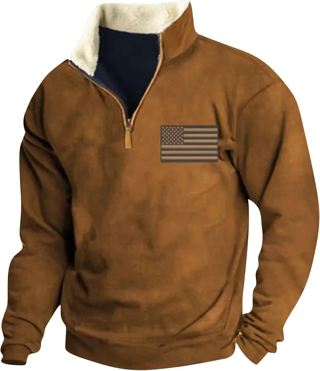 Men'S USA Flag Sweatshirt Vintage American Fleece Graphic Sweatshirt Elbow Patches Quarter Zip Pullover Sweaters