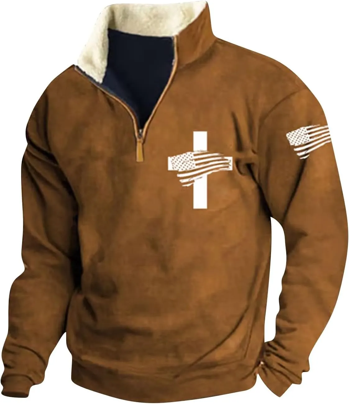 Men'S USA Flag Sweatshirt Vintage American Fleece Graphic Sweatshirt Elbow Patches Quarter Zip Pullover Sweaters