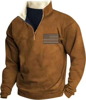 Men'S USA Flag Sweatshirt Vintage American Fleece Graphic Sweatshirt Elbow Patches Quarter Zip Pullover Sweaters