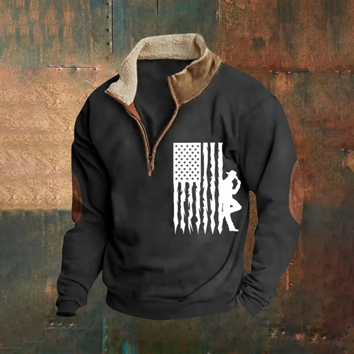 Men'S USA Flag Sweatshirt Vintage American Fleece Graphic Sweatshirt Elbow Patches Quarter Zip Pullover Sweaters