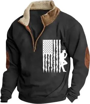 Men'S USA Flag Sweatshirt Vintage American Fleece Graphic Sweatshirt Elbow Patches Quarter Zip Pullover Sweaters