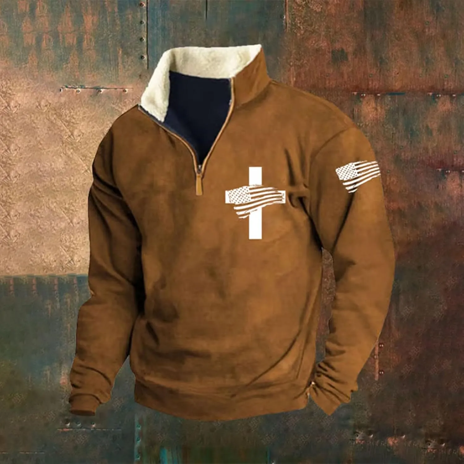 Men'S USA Flag Sweatshirt Vintage American Fleece Graphic Sweatshirt Elbow Patches Quarter Zip Pullover Sweaters