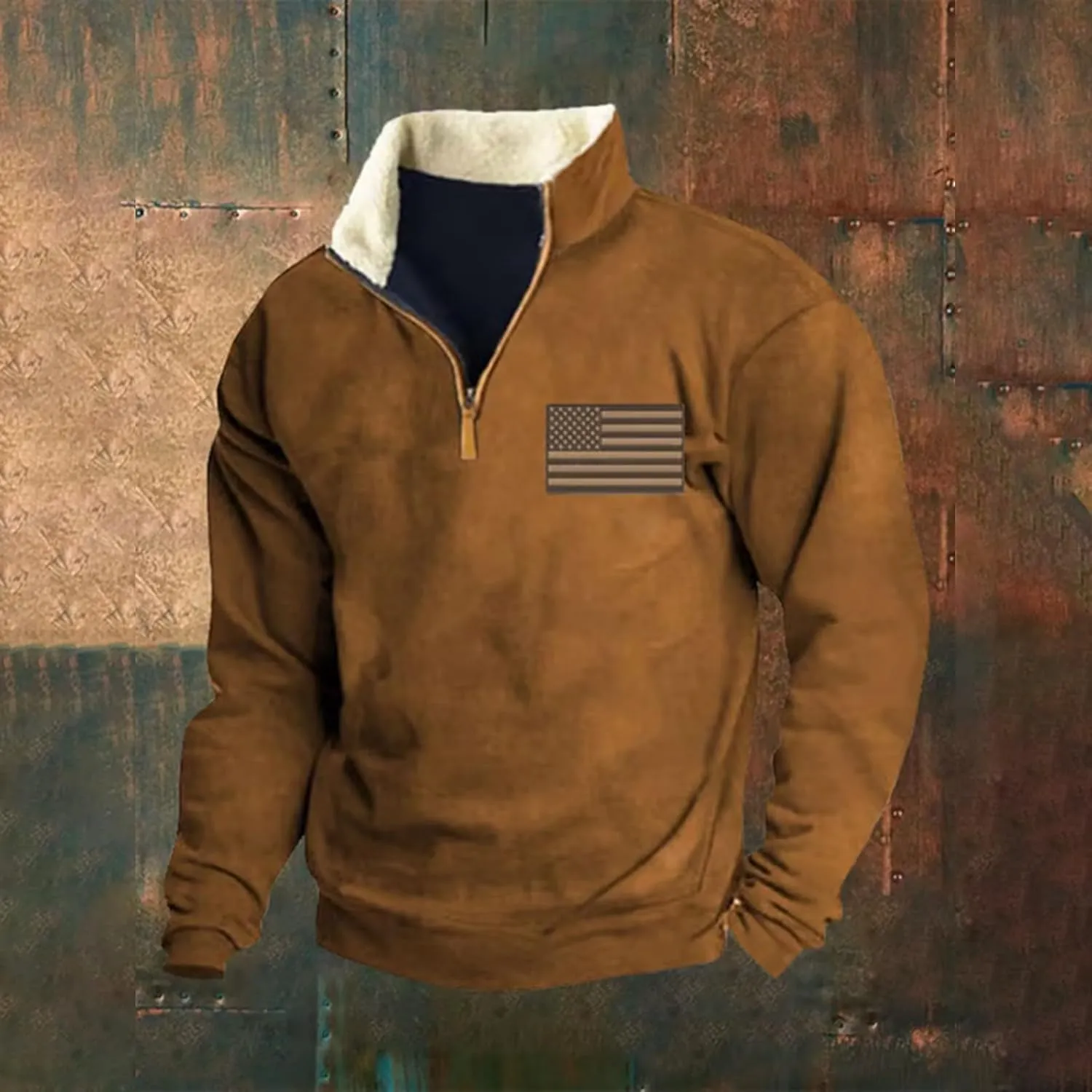 Men'S USA Flag Sweatshirt Vintage American Fleece Graphic Sweatshirt Elbow Patches Quarter Zip Pullover Sweaters