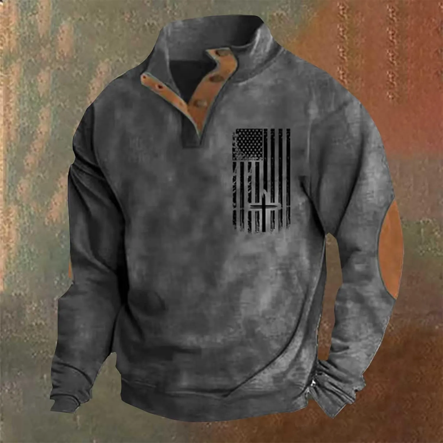 Men'S Usa Sweatshirt American Flag Fleece Pullover Vintage Elbow Patches Sweaters Graphic Quarter Zip Sweatshirt