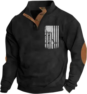 Men'S Usa Sweatshirt American Flag Fleece Pullover Vintage Elbow Patches Sweaters Graphic Quarter Zip Sweatshirt