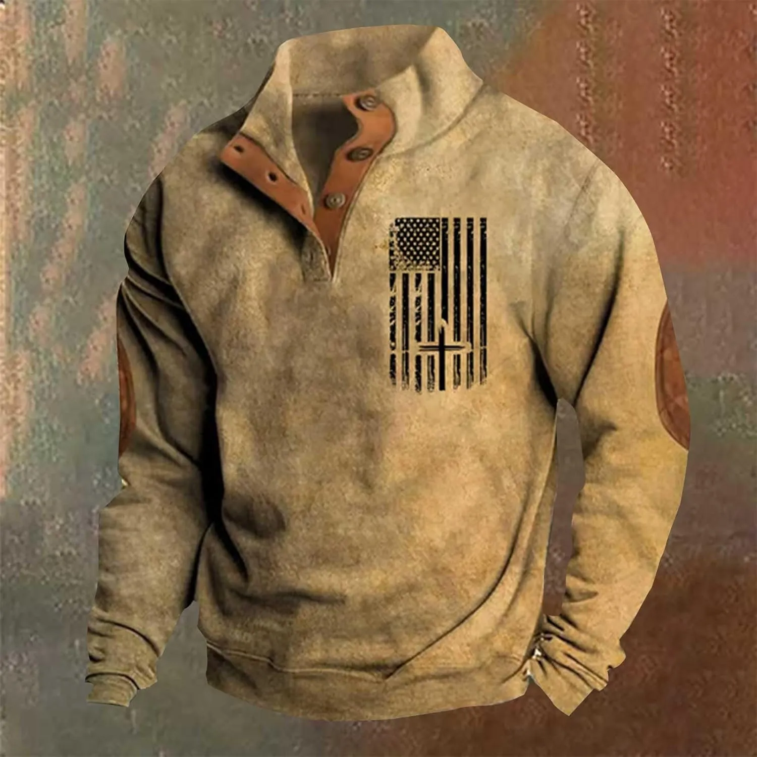 Men'S Usa Sweatshirt American Flag Fleece Pullover Vintage Elbow Patches Sweaters Graphic Quarter Zip Sweatshirt
