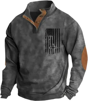 Men'S Usa Sweatshirt American Flag Fleece Pullover Vintage Elbow Patches Sweaters Graphic Quarter Zip Sweatshirt