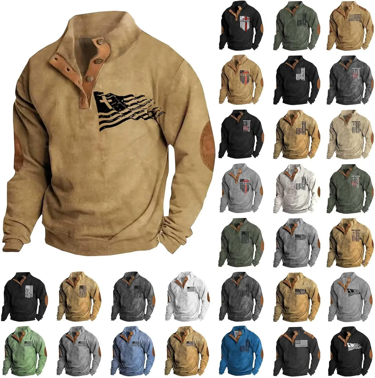 Men'S Usa Sweatshirt American Flag Fleece Pullover Vintage Elbow Patches Sweaters Graphic Quarter Zip Sweatshirt