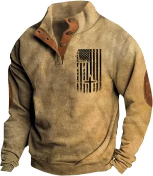 Men'S Usa Sweatshirt American Flag Fleece Pullover Vintage Elbow Patches Sweaters Graphic Quarter Zip Sweatshirt