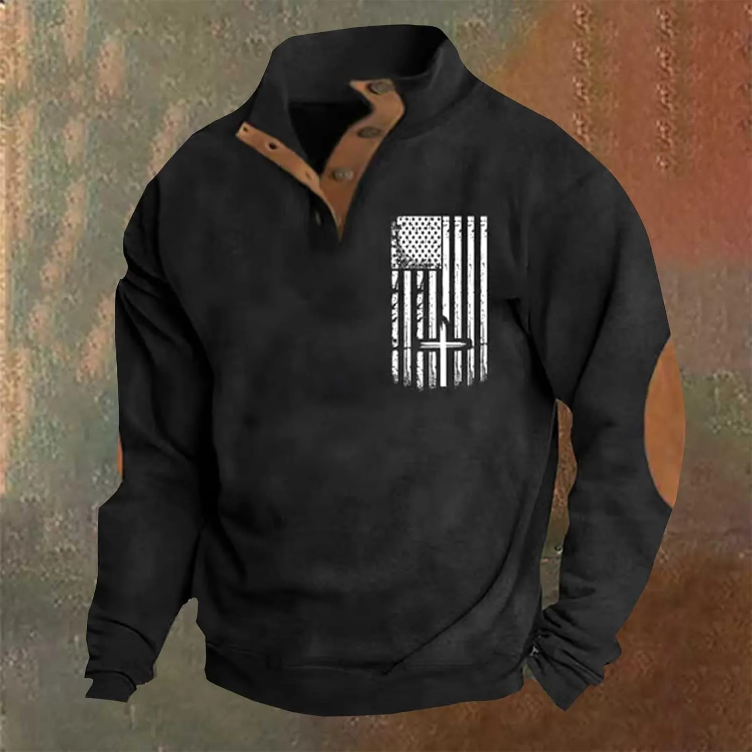 Men'S Usa Sweatshirt American Flag Fleece Pullover Vintage Elbow Patches Sweaters Graphic Quarter Zip Sweatshirt