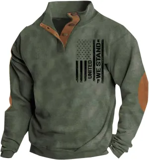 Men'S Usa Sweatshirt American Flag Fleece Pullover Vintage Elbow Patches Sweaters Graphic Quarter Zip Sweatshirt
