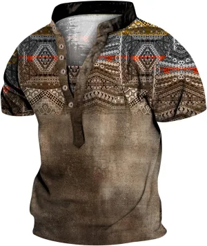 Mens Western Aztec Vintage Henley T-Shirts Graphic Printed Tees Casual Fashion Cowboy Summer Tops Streetwear